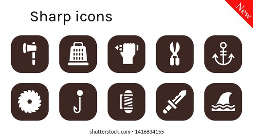 sharp icon set. 10 filled sharp icons.  Collection Of - Ax, Grater, Pencil, Scissors, Anchor, Saw, Hook, Barber, Knife, Shark