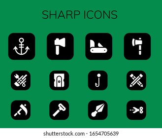 sharp icon set. 12 filled sharp icons.  Simple modern icons such as: Anchor, Cutter, Scythe, Axe, Sharpener, Razor, Penknife, Hook, Kunai, Ax, Pencil, Scissors