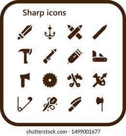 sharp icon set. 16 filled sharp icons.  Simple modern icons about  - Sword, Hook, Pencils, Pencil, Axe, Spear, Electric razor, Penknife, Saw, Scissors, Safety pin, Needle, Knife