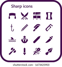 sharp icon set. 16 filled sharp icons.  Simple modern icons such as: Saw, Saber, Sharpener, Hook, Pencil, Knife, Shark, Anchor, Axe, Sword, Needle, Kunai