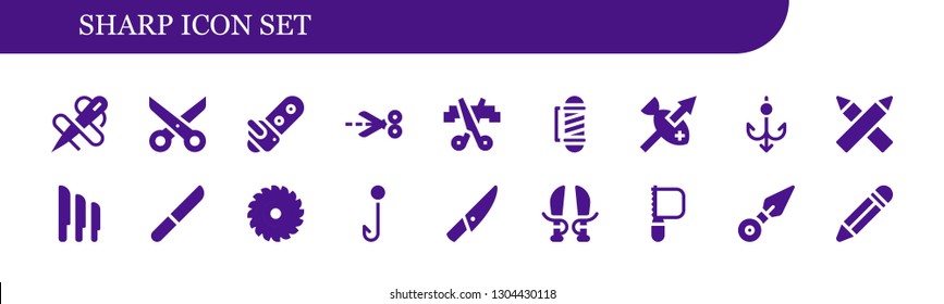 sharp icon set. 18 filled sharp icons.  Simple modern icons about  - Needle, Scissors, Chainsaw, Barber, Spear, Hook, Pencils, Knives, Knife, Saw, Sword, Kunai, Pencil