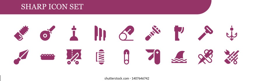 sharp icon set. 18 filled sharp icons.  Simple modern icons about  - Chainsaw, Pizza cutter, Excalibur, Knives, Safety pin, Razor, Axe, Hook, Kunai, Sand, Scissors, Barber, Pocket knife