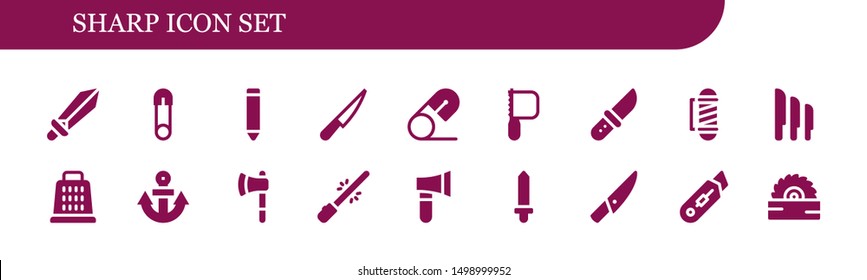 sharp icon set. 18 filled sharp icons.  Simple modern icons about  - Sword, Safety pin, Pencil, Knife, Saw, Barber, Knives, Grater, Anchor, Ax, Saber, Axe, Cutter