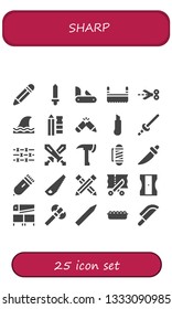 sharp icon set. 25 filled sharp icons.  Collection Of - Pencil, Sword, Penknife, Saw, Scissors, Shark, Cutter, Barbed wire, Swords, Axe, Barber, Knife, Electric razor, Sharpener