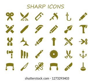  sharp icon set. 30 filled sharp icons. Simple modern icons about  - Scissors, Saber, Saw, Scythe, Hook, Pencil, Pencils, Knife, Kunai, Axe, Shuriken, Dagger, Spear, Ax, Knives
