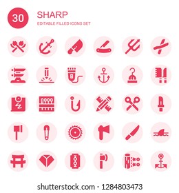 sharp icon set. Collection of 30 filled sharp icons included Axe, Anchor, Knife, Blade, Trident, Katana, Pencil, Electric shaver, Hook, Push pin, Needle, Scissors, Ax, Safety pin