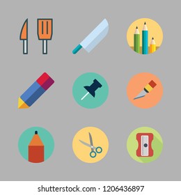 sharp icon set. vector set about push pin, pencils, knife and scissors icons set.