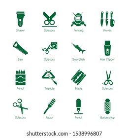 sharp icons. Editable 16 sharp icons. Included icons such as Shaver, Scissors, Fencing, Knives, Saw, Swordfish, Hair clipper, Pencil, Triangle, Blade. sharp trendy icons for web.