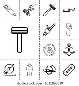 Sharp icons. set of 13 editable outline sharp icons such as razor, circular saw, electric saw, gardening knife, scissors, anchor, electric razor