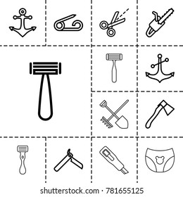 Sharp icons. set of 13 editable outline sharp icons such as pin, bllade razor, razor, axe, chain saw, anchor, scissors, shovel and rake, children panties