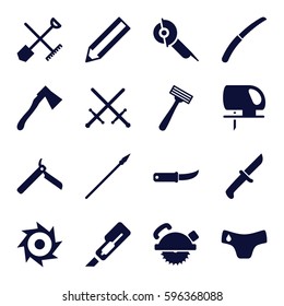 sharp icons set. Set of 16 sharp filled icons such as shovel and rake, children panties, bllade razor, razor, pencil, cutter, saw blade, electric saw, gardening knife, axe