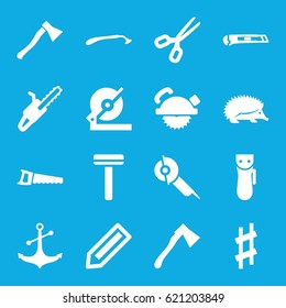 Sharp icons set. set of 16 sharp filled icons such as hedgehog, pencil, electric razor, razor, circular saw, saw blade, axe, anchor, musical sharp, cutter, axe weapon