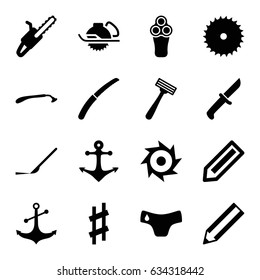 Sharp icons set. set of 16 sharp filled icons such as pencil, children panties, electric razor, razor, blade saw, electric saw, gardening knife, scalpel, anchor, musical sharp