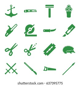 Sharp icons set. set of 16 sharp filled icons such as hedgehog, razor, electric razor, cutter, circular saw, gardening knife, saw, chain saw, anchor, scissors, scalpel, spear