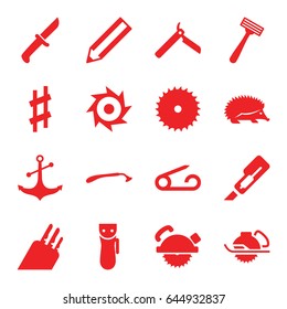 Sharp icons set. set of 16 sharp filled icons such as hedgehog, pin, bllade razor, electric razor, razor, pencil, blade saw, cutter, saw blade, anchor, musical sharp