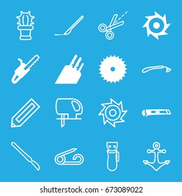 Sharp icons set. set of 16 sharp filled and outline icons such as blade saw, chain saw, cutter, knife, pencil, pin, electric razor, razor, scalpel, scissors, cactus