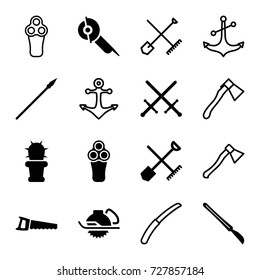 Sharp icons set. set of 16 sharp filled and outline icons such as shovel and rake, electric razor, electric saw, saw, scalpel, cactus, spear, axe, gardening knife, anchor