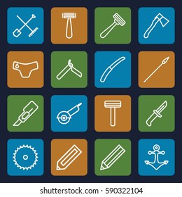 sharp icons set. Set of 16 sharp outline icons such as shovel and rake, pencil, children panties, bllade razor, razor, blade saw, cutter, electric saw, axe, gardening knife