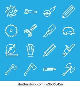 Sharp icons set. set of 16 sharp outline icons such as hedgehog, pencil, blade saw, cutter, circular saw, axe, cactus, axe weapon