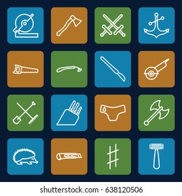 Sharp icons set. set of 16 sharp outline icons such as hedgehog, shovel and rake, children panties, razor, circular saw, electric saw, saw, anchor, scalpel, musical sharp