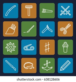Sharp icons set. set of 16 sharp outline icons such as hedgehog, pin, bllade razor, electric razor, razor, pencil, saw, gardening knife, scalpel, anchor, musical sharp, knife