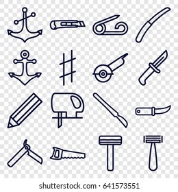Sharp icons set. set of 16 sharp outline icons such as pin, bllade razor, razor, pencil, electric saw, gardening knife, saw, anchor, scalpel, musical sharp, cutter