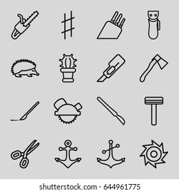 Sharp icons set. set of 16 sharp outline icons such as hedgehog, electric razor, razor, cutter, saw blade, axe, chain saw, scalpel, anchor, musical sharp, cactus, knife, saw