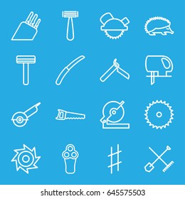 Sharp icons set. set of 16 sharp outline icons such as hedgehog, shovel and rake, bllade razor, razor, electric razor, blade saw, circular saw, gardening knife, musical sharp