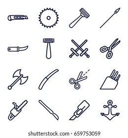 Sharp icons set. set of 16 sharp outline icons such as razor, blade saw, cutter, gardening knife, chain saw, scissors, scalpel, knife, anchor, axe weapon, spear