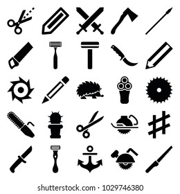 Sharp icons. set of 25 editable filled sharp icons such as pencil, electric razor, razor, blade saw, electric saw, axe, scissors, cactus, spear, knife, hedgehog, sword