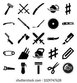 Sharp icons. set of 25 editable filled sharp icons such as pencil, razor, blade saw, cutter, electric saw, scissors, sword, gardening knife, saw, scalpel, musical sharp, knife
