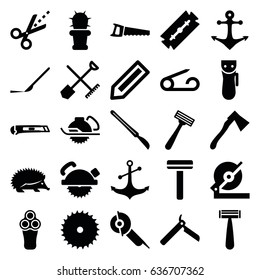 Sharp icons set. set of 25 sharp filled icons such as shovel and rake, hedgehog, pencil, pin, razor, bllade razor, electric razor, blade saw, circular saw, axe, scalpel