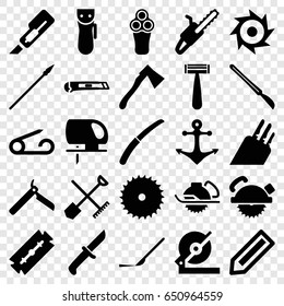 Sharp icons set. set of 25 sharp filled icons such as shovel and rake, pencil, pin, razor, bllade razor, electric razor, blade saw, cutter, circular saw, axe, gardening knife