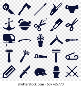 Sharp icons set. set of 25 sharp filled icons such as hedgehog, pencil, pin, children panties, bllade razor, razor, electric razor, cutter, saw blade, electric saw, axe