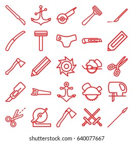 Sharp icons set. set of 25 sharp outline icons such as pencil, children panties, razor, cutter, circular saw, saw blade, axe, gardening knife, scalpel, anchor, scissors, spear