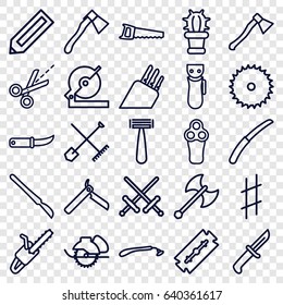 Sharp icons set. set of 25 sharp outline icons such as shovel and rake, pencil, razor, bllade razor, electric razor, blade saw, circular saw, gardening knife, axe, scissors