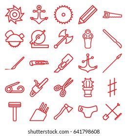 Sharp icons set. set of 25 sharp outline icons such as shovel and rake, pin, children panties, electric razor, razor, pencil, blade saw, cutter, circular saw, scalpel, anchor