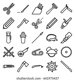 Sharp icons set. set of 25 sharp outline icons such as hedgehog, pencil, pin, bllade razor, electric razor, razor, blade saw, cutter, saw blade, axe, scalpel, scissors, knife