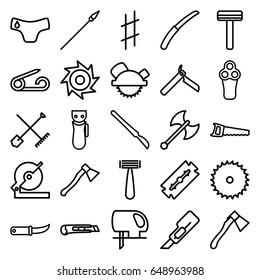 Sharp icons set. set of 25 sharp outline icons such as shovel and rake, pin, children panties, razor, bllade razor, electric razor, blade saw, cutter, circular saw