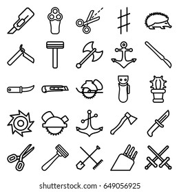 Sharp icons set. set of 25 sharp outline icons such as hedgehog, shovel and rake, bllade razor, electric razor, razor, cutter, saw blade, electric saw, gardening knife, anchor