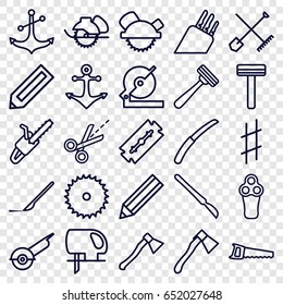 Sharp icons set. set of 25 sharp outline icons such as shovel and rake, pencil, razor, electric razor, blade saw, circular saw, axe, gardening knife, scalpel, anchor, scissors
