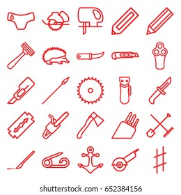 Sharp icons set. set of 25 sharp outline icons such as hedgehog, shovel and rake, pencil, pin, children panties, razor, electric razor, blade saw, cutter, electric saw