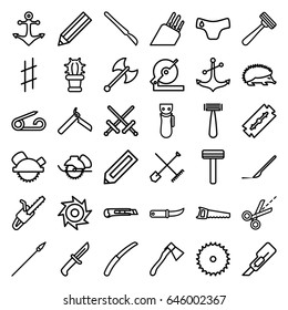 Sharp icons set. set of 36 sharp outline icons such as hedgehog, shovel and rake, pencil, pin, children panties, razor, bllade razor, electric razor, blade saw, cutter