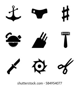 sharp icons set. Set of 9 sharp filled icons such as children panties, razor, saw blade, anchor, musical sharp, knife, saw