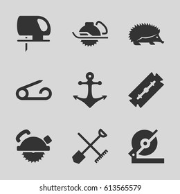 Sharp icons set. set of 9 sharp filled icons such as shovel and rake, hedgehog, pin, razor, circular saw, saw blade, electric saw