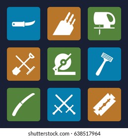 Sharp icons set. set of 9 sharp filled icons such as shovel and rake, razor, circular saw, electric saw, gardening knife, knife