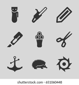 Sharp icons set. set of 9 sharp filled icons such as hedgehog, pencil, electric razor, cutter, chain saw, anchor, saw