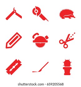 Sharp icons set. set of 9 sharp filled icons such as hedgehog, pencil, razor, bllade razor, saw blade, electric saw, scalpel, scissors