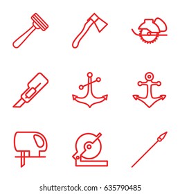 Sharp icons set. set of 9 sharp outline icons such as razor, cutter, circular saw, electric saw, axe, anchor