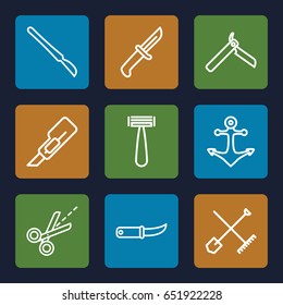 Sharp icons set. set of 9 sharp outline icons such as shovel and rake, bllade razor, razor, cutter, gardening knife, scissors, scalpel, anchor